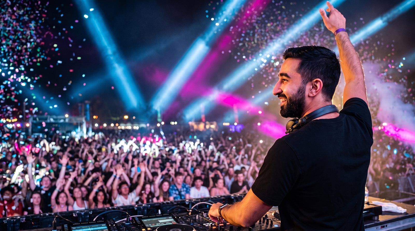 Aram Andriasyan on stage at the decks, arm raised over a festival crowd