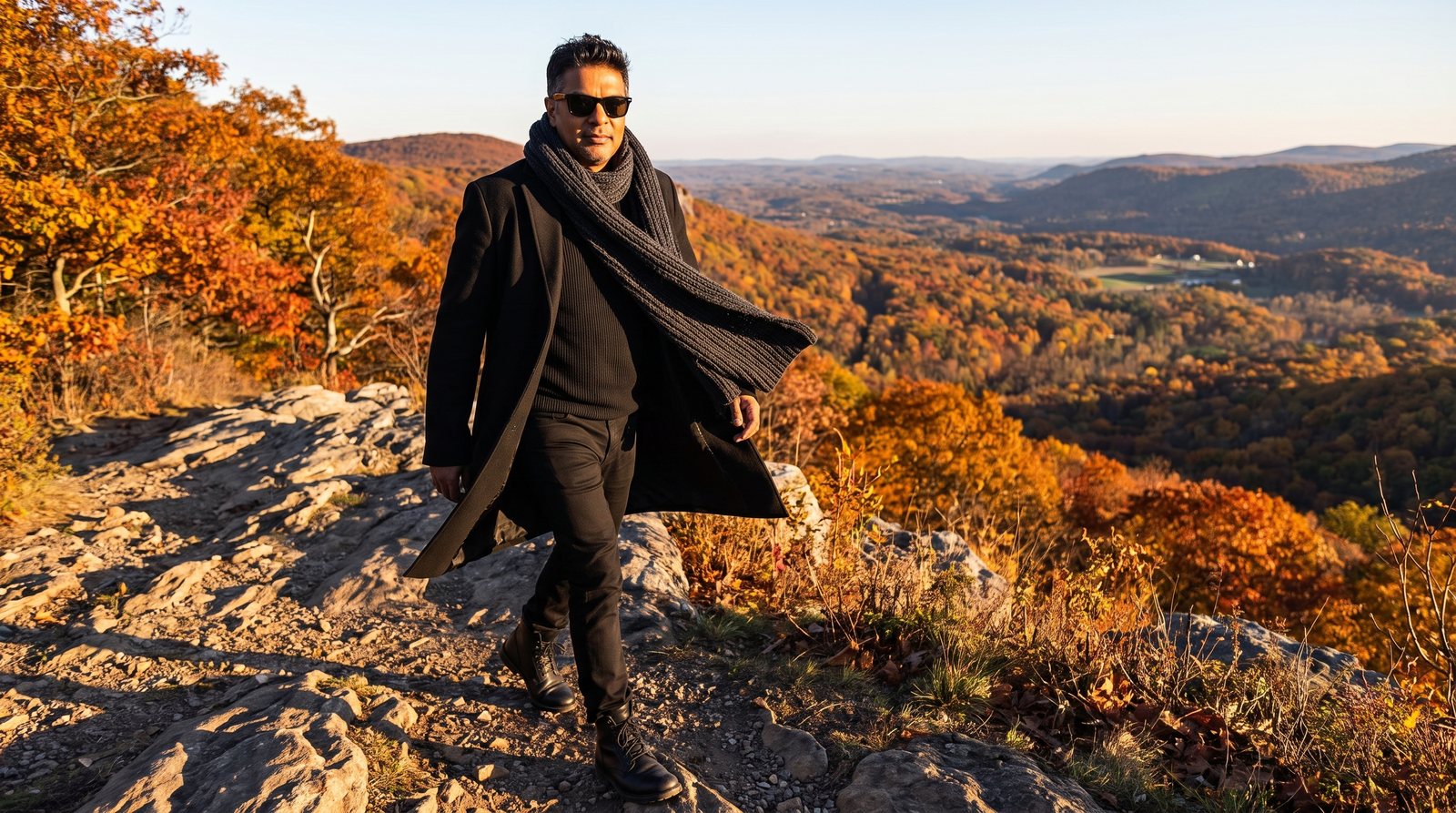 Richie Etwaru striding a ridge trail in a long black coat and oversized scarf, autumn valley behind him